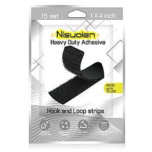 15-Ct 1"x4" Nisuoien Double Sided Hook & Loop Tape w/ Adhesive (Black) $3