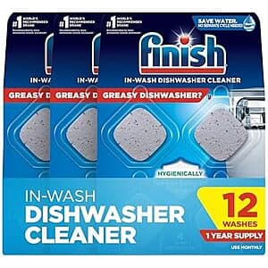 Box of Finish dishwasher cleaner tablets (12-count) in blue and white packaging.