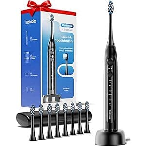 Onlyone rechargeable sonic electric toothbrush in black with eight replacement brush heads.