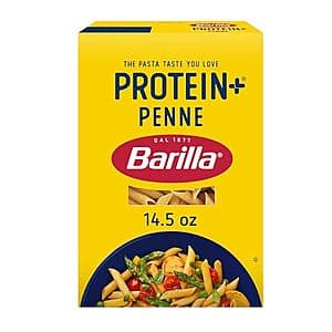 Five boxes of Barilla ProteinPLUS Multigrain Penne Pasta, 14.5 oz each, arranged together.