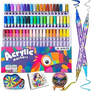 JR.WHITE 60-count dual color brush tip acrylic paint markers set with 120 colors total.