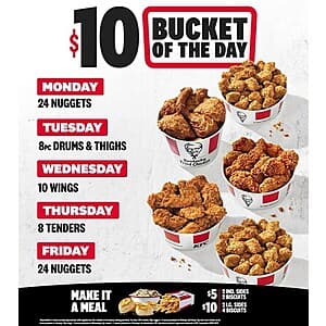 KFC Restaurant: Expanded Weekday Chicken Bucket Lineup Offer $10 (Valid Every Monday thru Friday)