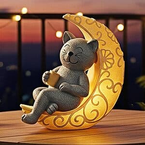 6.2-inch solar-powered cat statue with moon design, features glowing nighttime illumination for outdoor or indoor decoration.
