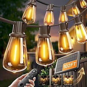 Addlon solar string lights displayed at night, showing warm-white bulbs strung across outdoor space with waterproof casing and remote control unit.