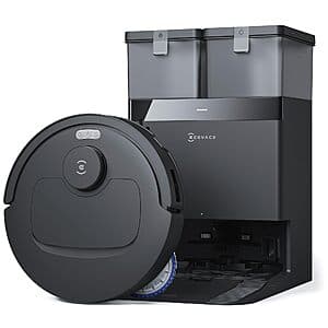 ECOVACS DEEBOT T30C robot vacuum with circular design, white and black coloring, shown with self-emptying dock station and mopping attachment.