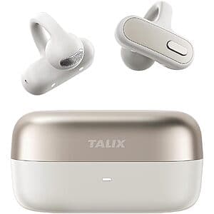 Talix X8 open-ear clip-on wireless earbuds in white and pink, showing the ear clip design and compact charging case.