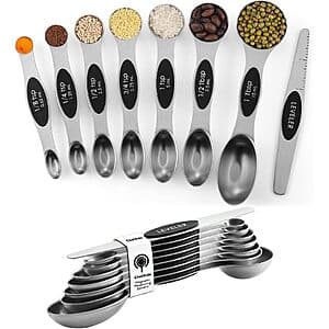 Eight stainless steel magnetic measuring spoons in black or multicolor finish, connected together in a set.