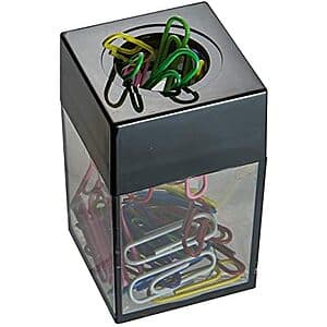Officemate magnetic paper clip dispenser in black and smoke finish with a compact desktop design.