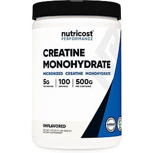 White container of Nutricost Micronized Creatine Monohydrate Powder with blue accents, labeled for 100 servings.