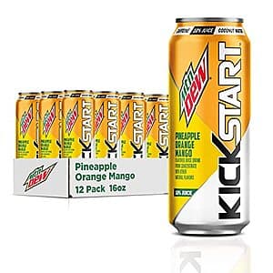 12-pack of 16 oz Mountain Dew Kickstart Juice Drink cans in Fruit Punch or Pineapple Orange Mango flavor.