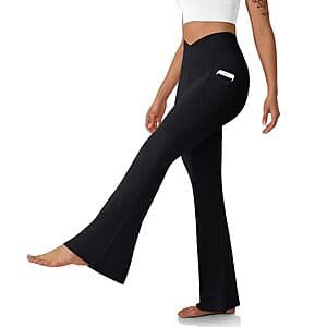 DLOODA women's high-waisted crossover flare yoga leggings with side pockets in various colors.