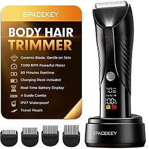 Spacekey men's electric body hair trimmer with LED light display, waterproof design, and USB-C charging port.
