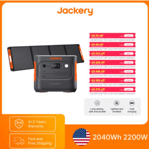 Jackery Explorer 2000v2 portable power station with integrated 200W solar panel, featuring a dark gray casing with digital display and multiple outlet ports.