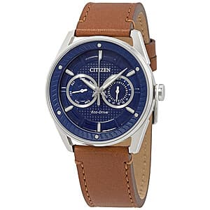 42mm Citizen Men's Eco-Drive Weekender watch with blue dial and brown leather strap.