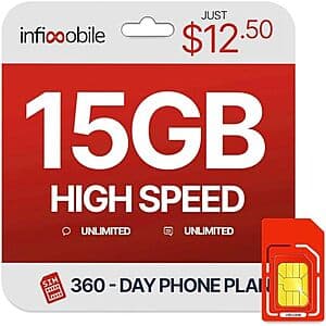12-Month Infimobile Prepaid Mobile Unlimited Talk / Text + 15GB Data / Month $112.50 (New Customers) + Free S/H