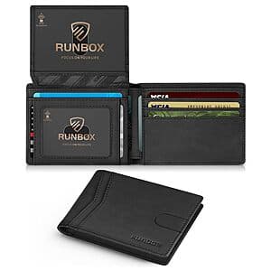 RUNBOX Men's Slim RFID Leather Wallet w/ 2 ID Windows (Crazy Horse Black) $6