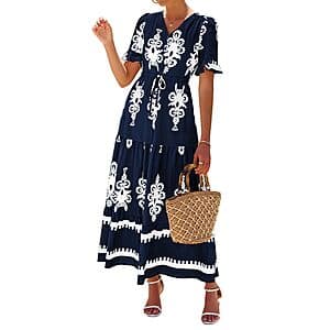 Lazysmile Women's Short Sleeve Floral Boho Maxi Dresses (Navy or White) $12