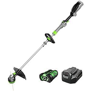 Ego Power+ black and green cordless string trimmer with telescopic shaft, showing the 56V battery and charger components included.