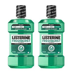 Two 1-liter bottles of Listerine Freshburst Intense Antiseptic Mouthwash in Intense Spearmint flavor with blue and white packaging.