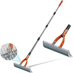 Yofidra 15-inch heavy-duty metal dethatcher rake with 70-inch adjustable handle for lawn care.