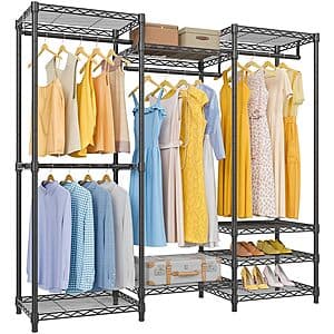 Black freestanding modular closet clothes rack, 56.7 inches tall, with multiple hanging levels for organizing garments and accessories.