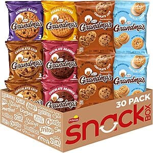 30-count box of Grandma's Cookies variety snack packs featuring assorted mini vanilla sandwich crèmes, mini chocolate chip cookies, and larger chocolate chip cookies.