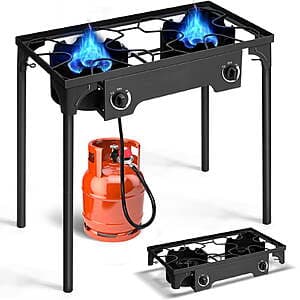 Ktaxon dual-burner outdoor camping stove with cast iron construction, two adjustable burner heads, and pressure control regulator.