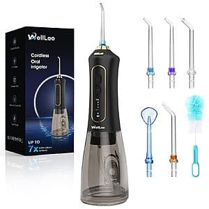 WellLeo cordless water flosser with 300ML reservoir and white/blue design, shown with 5 jet tip attachments.