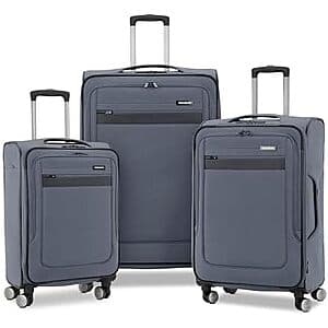 Three softside Samsonite Ascella 3.0 luggage cases in 20", 25", and 28" sizes with spinner wheels.