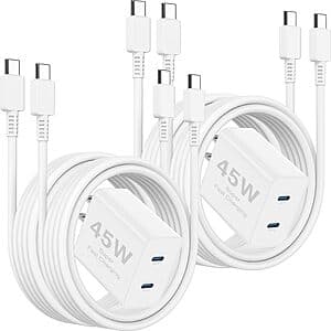 2-Count Reutixun 45W Dual Port Charger w/ 2x 6' Cable & 2x 10' Cable (White) $6