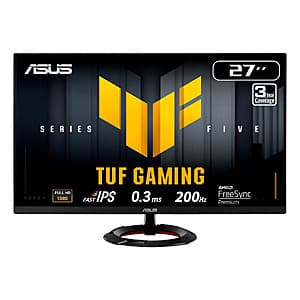 ASUS VG279Q5R 27-inch gaming monitor with black frame and stand, displaying 1920x1080 resolution and 200Hz refresh rate specifications.