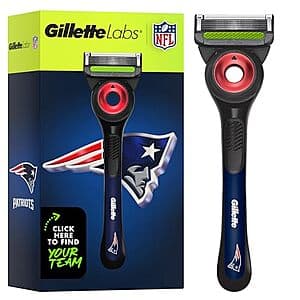 Gillette Labs Special NFL Edition razor in team colors with magnetic stand and four blade refills included.