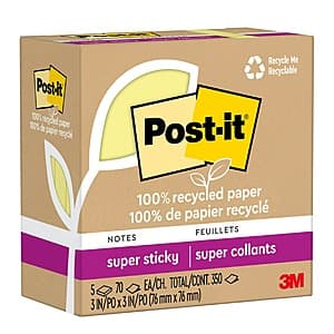 5-Packs of 70-Sheet 3"x3" Post-it Recycled Yellow Super Sticky Notes (350 Total) $2.35