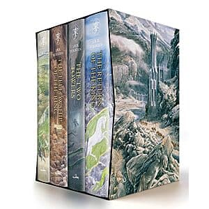 Complete hardcover box set of The Hobbit and The Lord of the Rings trilogy with Alan Lee's detailed fantasy illustrations on the covers and throughout.