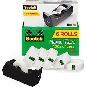 Six rolls of Scotch Magic Tape in clear packaging with a desktop dispenser included.