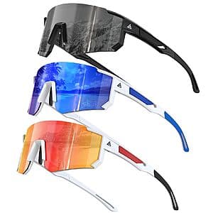 Three pairs of KALIYADI wrap-around sports sunglasses in various colors, featuring polarized or non-polarized lens options.