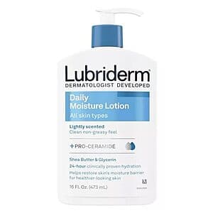 Lubriderm Daily Moisture Hydrating Body & Hand Lotion with Vitamin B5 in a 16-ounce bottle with white and blue labeling.