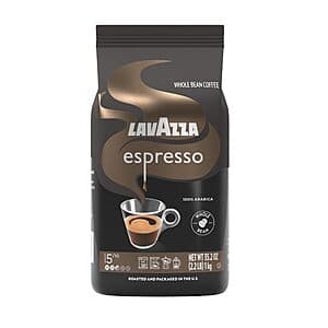 Lavazza Espresso Italiano whole bean coffee bag with Italian branding, featuring 100% Arabica blend in premium packaging.
