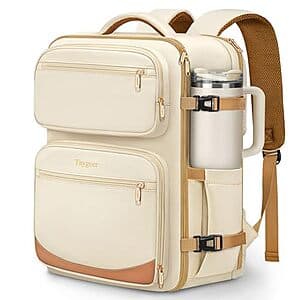 Beige Taygeer 40L underseat travel backpack with 18x14x8 inch dimensions and dedicated shoe compartment.