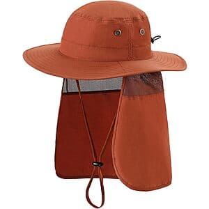 Home Prefer wide-brim sun cap with detachable neck flap, available in brown and burnt orange, featuring quick-dry material and UPF 50 protection.
