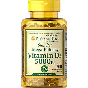 200-Count Puritan's Pride Vitamin D3 5000 IU Softgels Supplement $3.50 w/ Subscribe & Save