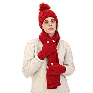 3-pc Double Couple Women's Winter Pom Beanie W/ Scarf & Gloves Set (Various) $5