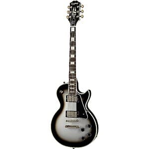 Epiphone Les Paul Custom Limited-Edition electric guitar with silver burst finish and dark body binding.