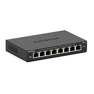 NETGEAR GS308E 8-port gigabit ethernet switch with black casing, compact rectangular design suitable for desktop or wall mounting.