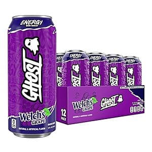 12-pack of GHOST Energy Drink in 16 oz cans with GHOST branding and coloring.