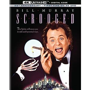 Scrooged 35th Anniversary Edition 4K Ultra HD disc packaging with digital code.
