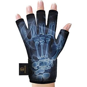 Navy blue and black pain relief hand ice pack glove in large size.
