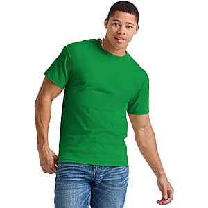 Hanes Essentials men's short sleeve t-shirt in green and wow pink colorways, basic crew neck style.