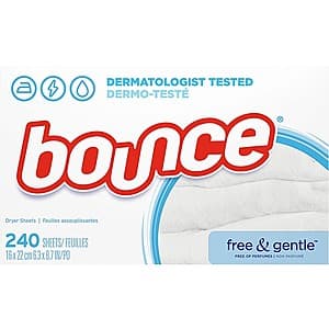 240-Count Bounce Fabric Softener Dryer Sheets (Free & Gentle) 2 for $7 + Free Shipping w/ Amazon Prime
