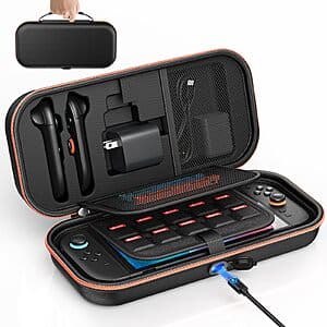 Auarte Switch 2 carrying case in black with Nintendo Switch OLED console and accessories, featuring a zippered design for travel protection.